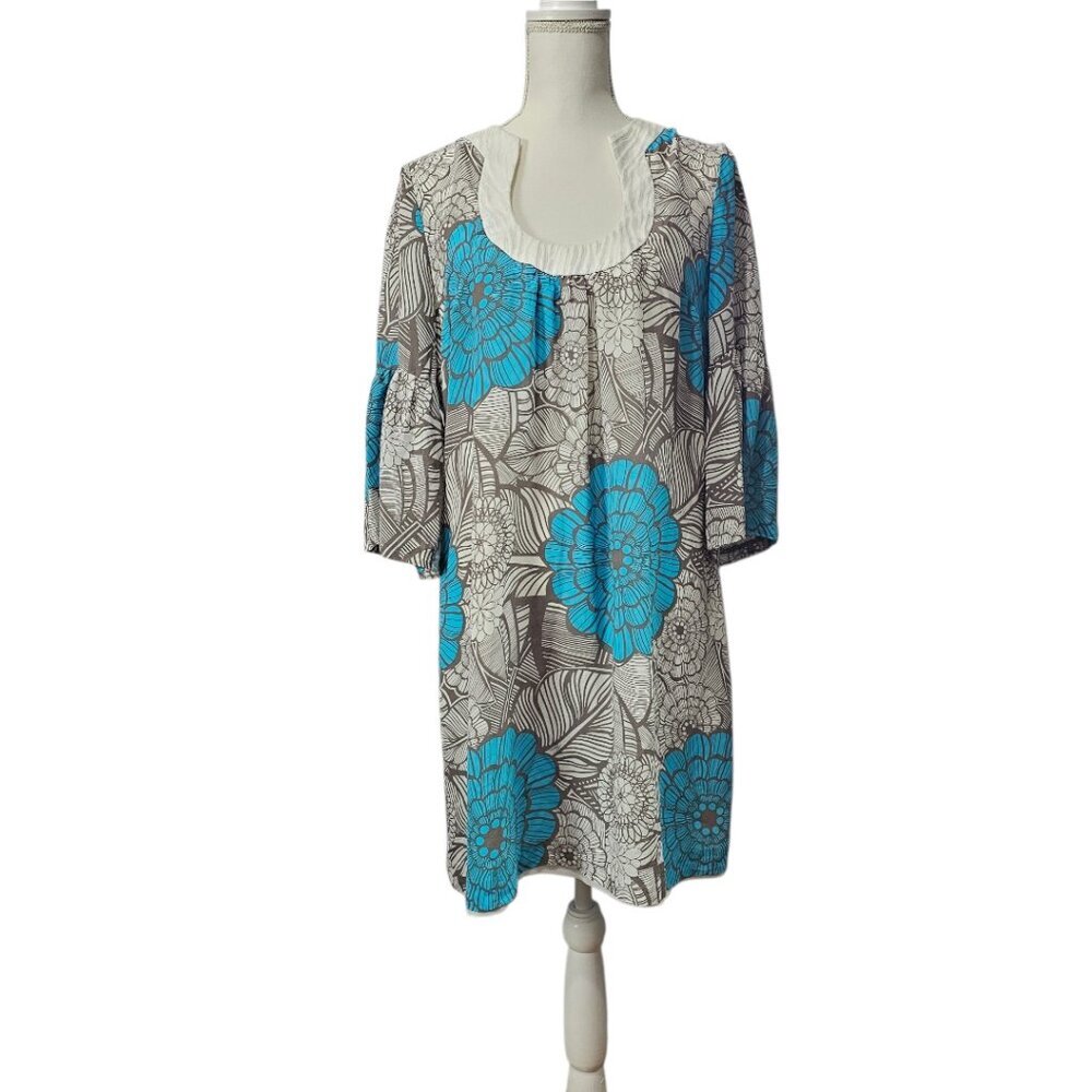 Trina Turk Bonita Floral Silk Bell Sleeve Boho Sheath Dress Gray Blue Size 10